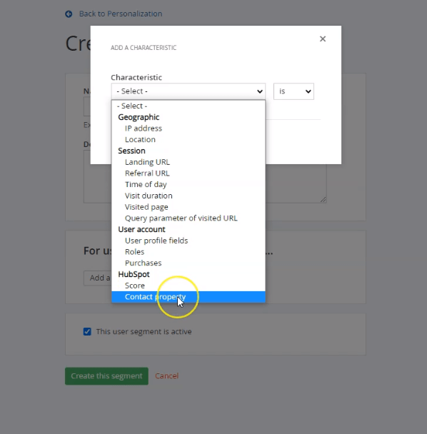 adding user segment characteristic in sitefinity