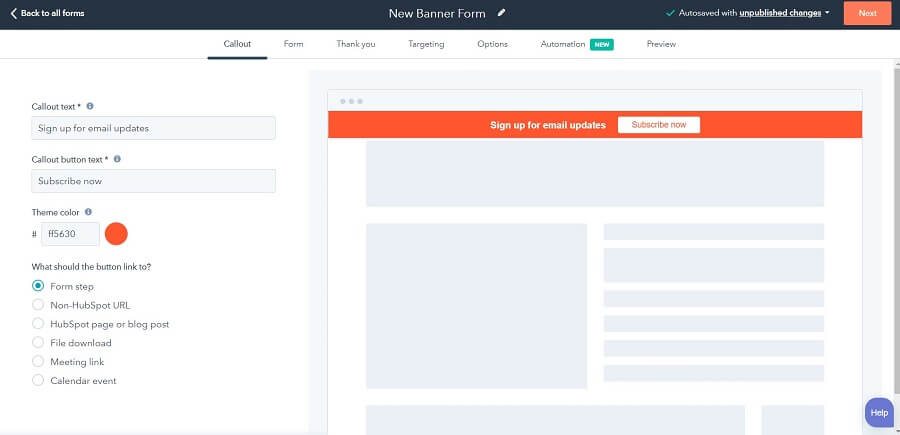 form banner notification set-up in HubSpot