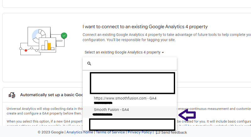 selecting a Google Analytics 4 property to connect to UA property