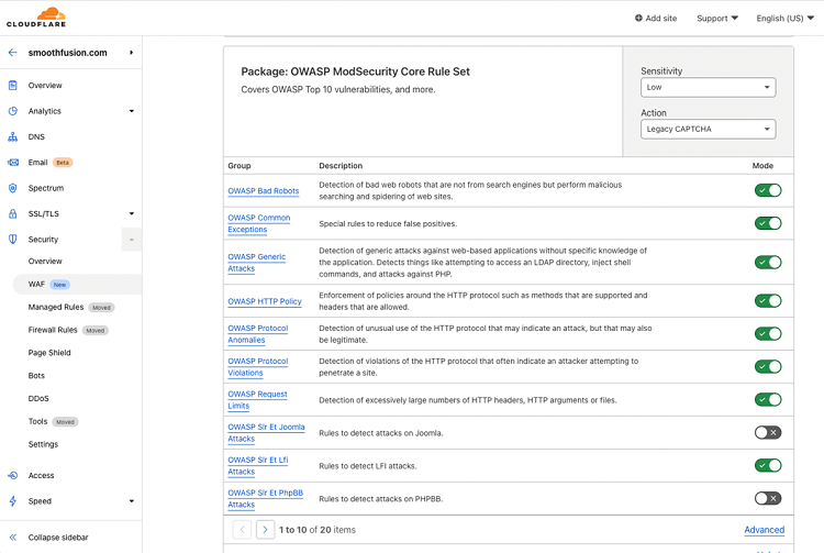 cloudflare owasp core rule settings