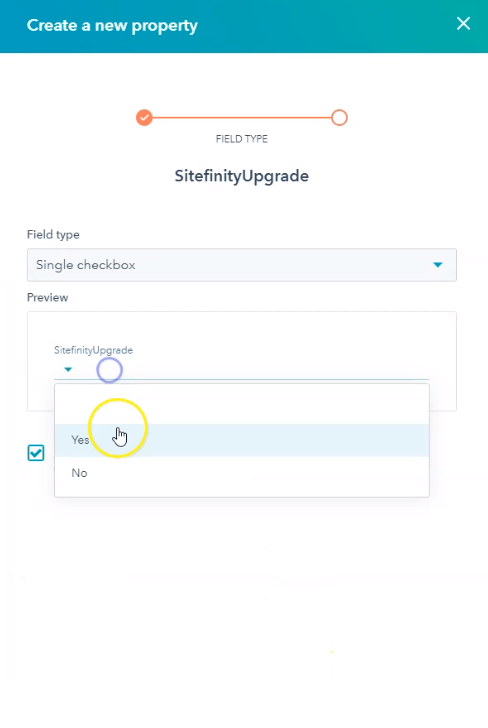creating custom site upgrade property in hubspot