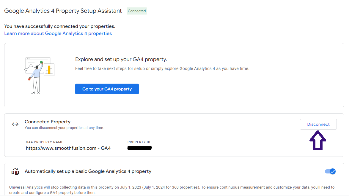 where to find the connected GA4 Property to Universal Analytics