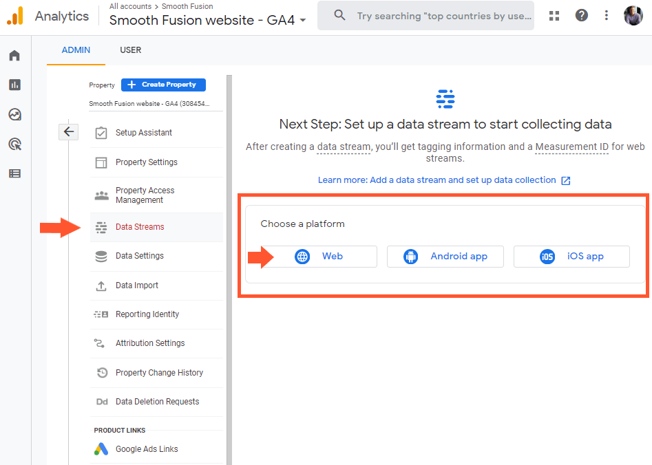 google analytics 4 - choosing a platform data steam