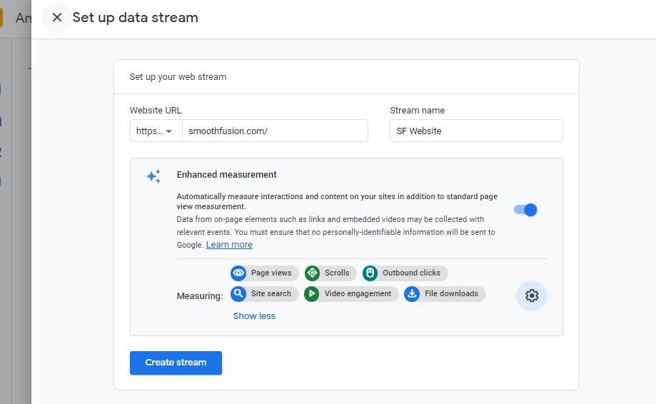 setting up a data stream in Google Analytics 4