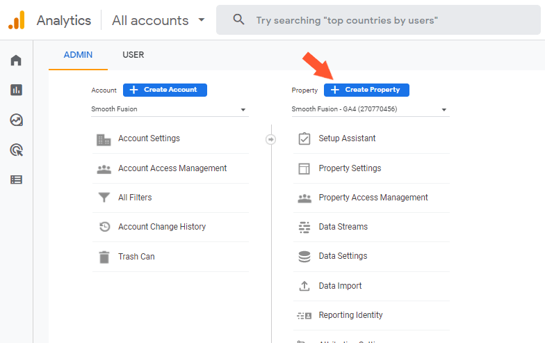 setting up a new property in Google Analytics for GA 4