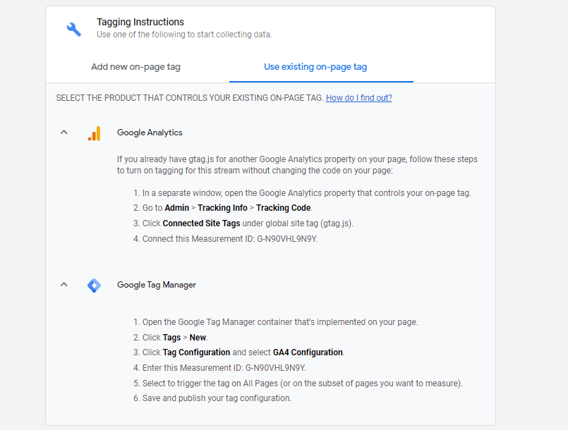 using an existing page tag instruction for Analytics 4 set up