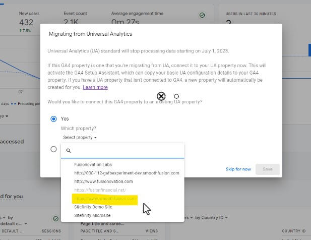 UA property to connect GA4 to is grayed out - can not select