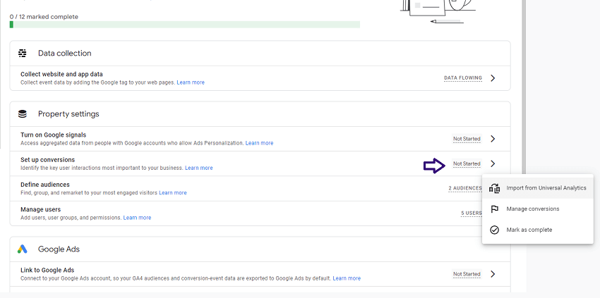 importing property settings from universal analytics into ga4