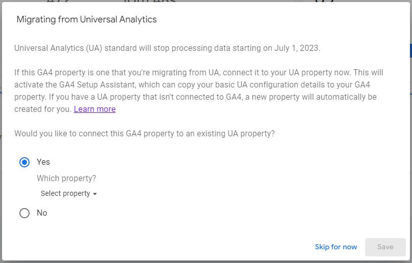 connecting ga4 property to ua pop-up window message