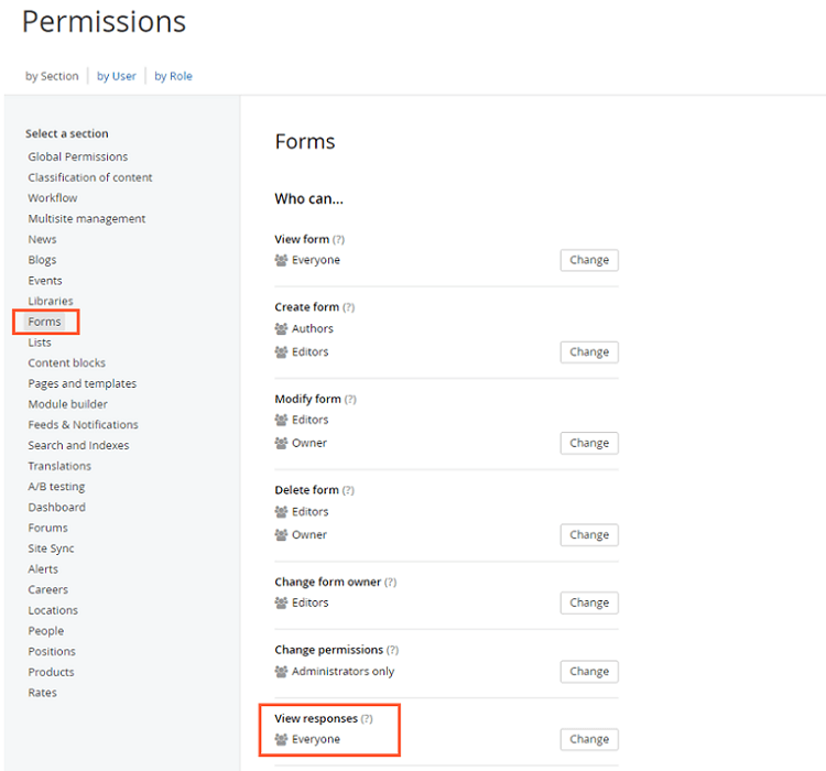 form permissions screen in sitefinity