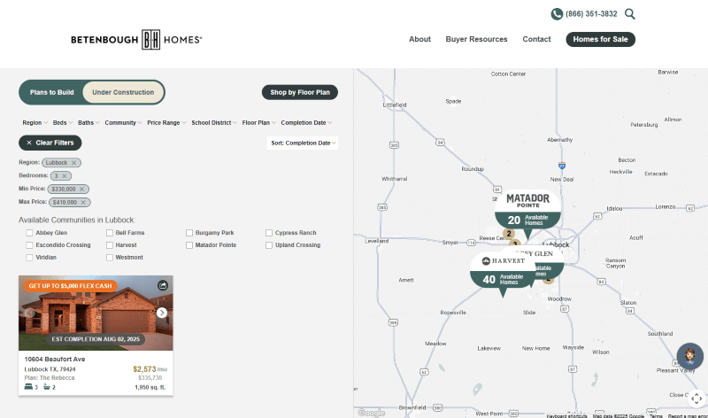 betenbough homes - home builder website with interactive map of available homes