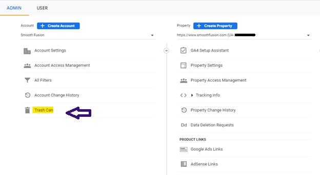 where to find trash can for deleted google analytics properties
