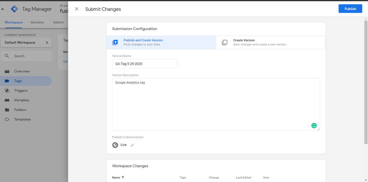 publishing a tag on tag manager