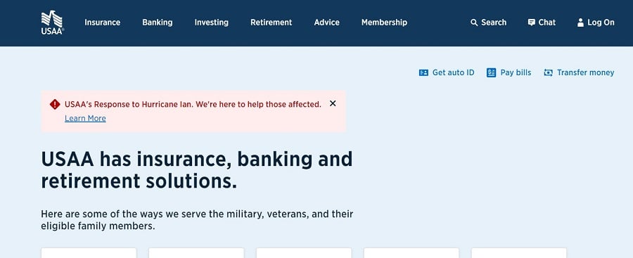 usaa insurance - website notification message about hurricane ian response