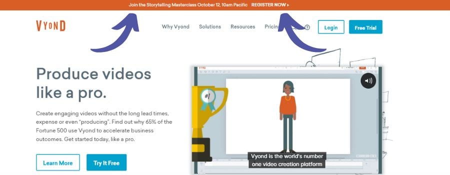 vyond storytelling masterclass webinar - website banner notification