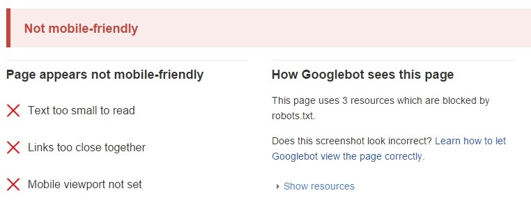 site did not pass mobile test