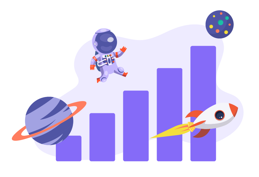 long term value bar chart with astronauts and rocket