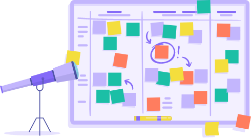 whiteboard with sticky notes for web design and discovery process