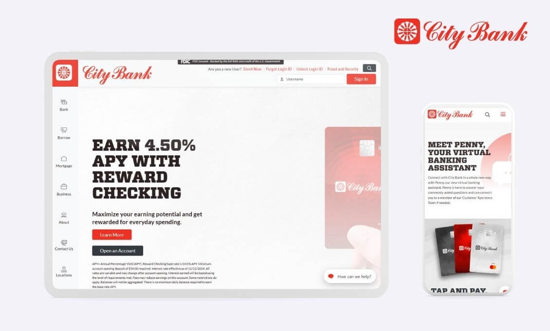 city bank website screen shots and logo