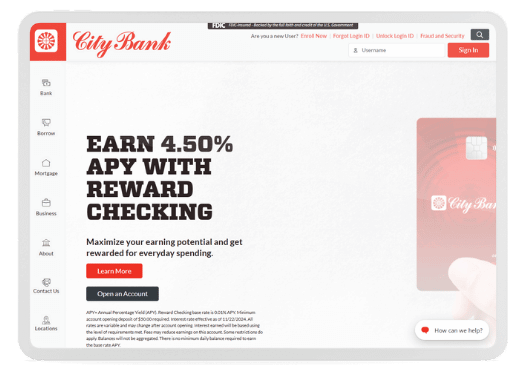 city bank website redesign project screen shot