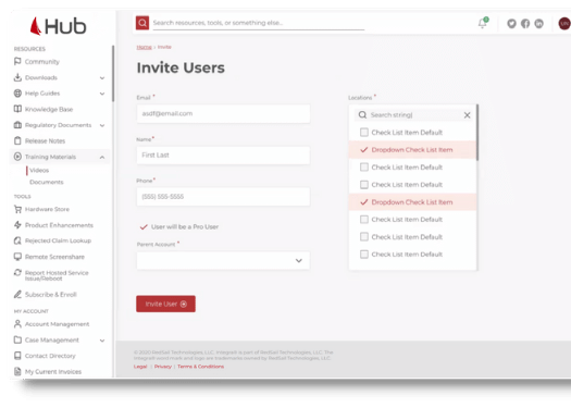 redsail-hub-dashboard-portal-project redsail hub customer support portal dashboard screen shot of inviting users